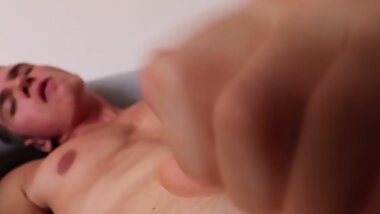 Cumshot on a sofa during lunch break