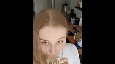 Piss whore produces and drinks her favorite morning beverage