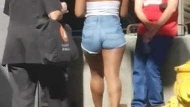 BiG BLACK BOOTY in JEAN SHORTS. THICK ASS CANDID