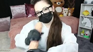 Teen nurse fucks herslef with glass dildo and gloves