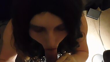 trabsgender girl gives guy blowjob closeup