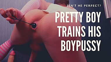 Pretty boy trains his boypussy with dildos and anal balls chain. He moaning and cumming om the floor