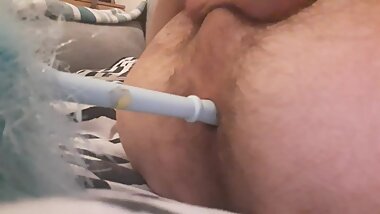 Skinny twig inserts a homemade dildo up his small tight hole