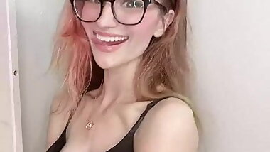 Cute ahegao girl with glasses drooling on her titties