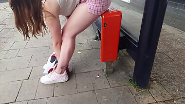 Sexy bare legs teen at bus stop - candid