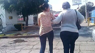 Mom and son walking in the street juicy ass