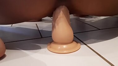 Tight and tiny asian teen ridning huge dildo in the bathroom