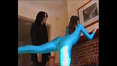 rosaleen spanked in a blue full body spandex